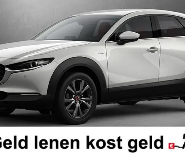 Nieuwe auto met de tekst Let op geld lenen kost geld